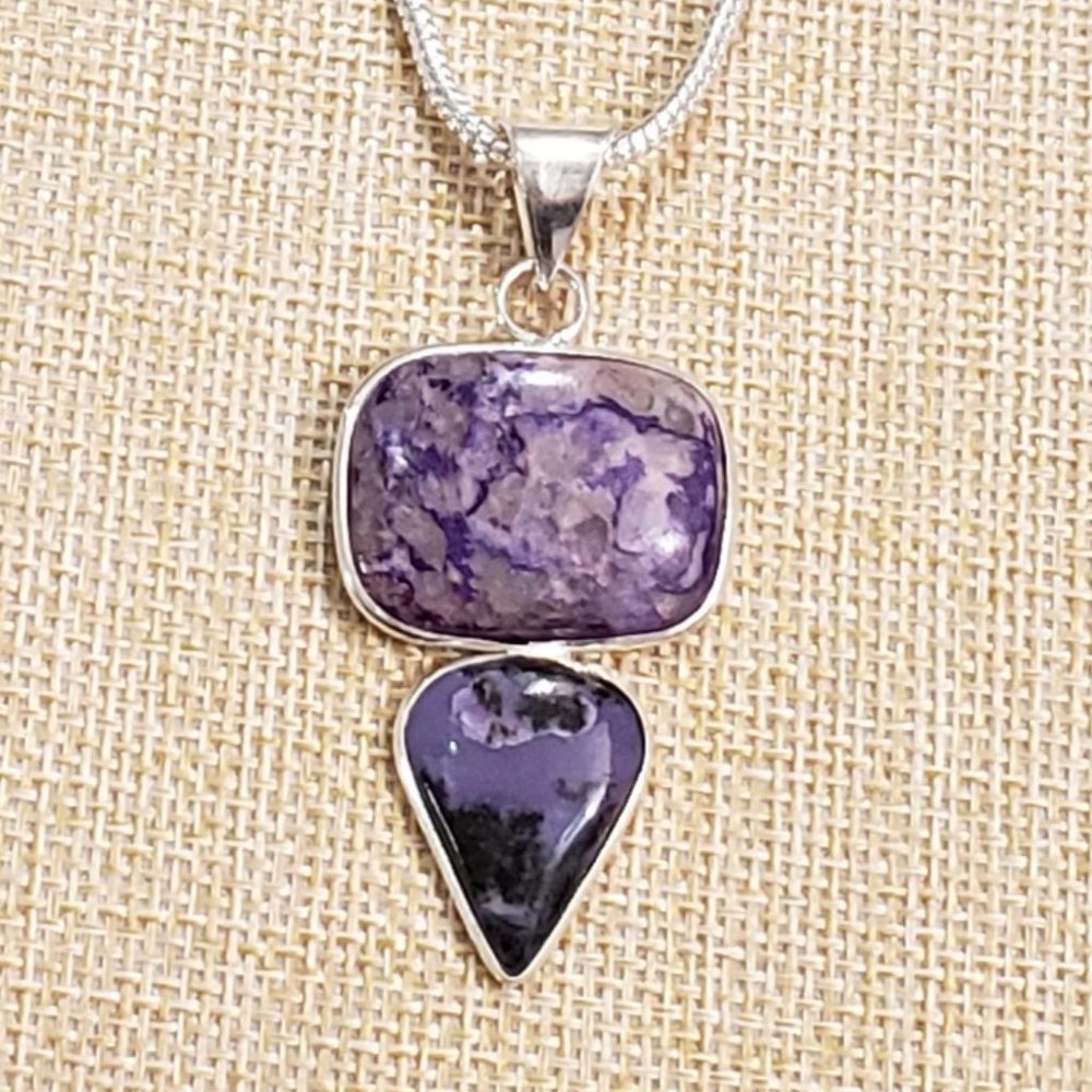 Charoite Multi Gemstone 925 silver handmade men's long pendant necklace